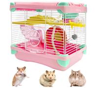Hamiledyi Portable Hamster Cage 2 Layers Dwarf Hamster Habitat Small Animal Cage with Exercise Wheel Water Bottle Hamster Enclosure Mouse Cage for Hamsters Mice Gerbils or Other Tiny Pet (Pink)