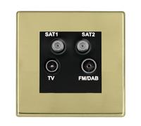 Hamilton 7G21DENTB Hartland G2 Screwless Non-Isolated 1x Coaxial TV, 1x DAB & 2x SAT 2in/4out Quadplexer Socket Outlet - Polished Brass, Black Insert