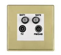 Hamilton 7G21DENTW Hartland G2 Screwless Non-Isolated 1x Coaxial TV, 1x DAB & 2x SAT 2in/4out Quadplexer Socket Outlet - Polished Brass, White Insert