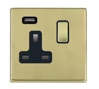 Hamilton 7G21SS1USBPB-B Hartland G2 Screwless 1G 13A SP Switched Socket with 1x USB Type-A (2.1A) - Polished Brass, Black Insert