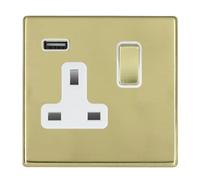Hamilton 7G21SS1USBPB-W Hartland G2 Screwless 1G 13A SP Switched Socket with 1x USB Type-A (2.1A) - Polished Brass, White Insert