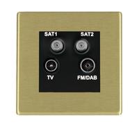 Hamilton 7G22DENTB Hartland G2 Screwless Non-Isolated 1x Coaxial TV, 1x DAB & 2x SAT 2in/4out Quadplexer Socket Outlet - Satin Brass, Black Insert