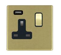 Hamilton 7G22SS1USBSB-B Hartland G2 Screwless 1G 13A SP Switched Socket with 1x USB Type-A (2.1A) - Satin Brass, Black Insert
