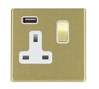 Hamilton 7G22SS1USBSB-W Hartland G2 Screwless 1G 13A SP Switched Socket with 1x USB Type-A (2.1A) - Satin Brass, White Insert