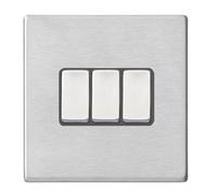 Hamilton 7G24R23SS-QG Hartland G2 Screwless 3G 10AX 2 Way Plate Switch - Satin Stainless, Quartz Grey Insert