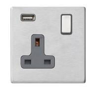 Hamilton 7G24SS1USBSS-QG Hartland G2 Screwless 1G 13A SP Switched Socket with 1x USB Type-A (2.1A) - Satin Stainless, Quartz Grey Insert