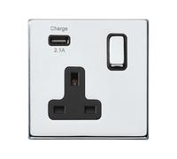 Hamilton 7G27SS1USBBC-B Hartland G2 Screwless 1G 13A SP Switched Socket with 1x USB Type-A (2.1A) - Bright Chrome, Black Insert