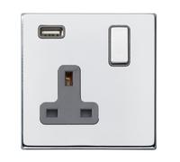 Hamilton 7G27SS1USBBC-QG Hartland G2 Screwless 1G 13A SP Switched Socket with 1x USB Type-A (2.1A) - Bright Chrome, Quartz Grey Insert