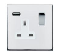 Hamilton 7G27SS1USBBC-W Hartland G2 Screwless 1G 13A SP Switched Socket with 1x USB Type-A (2.1A) - Bright Chrome, White Insert