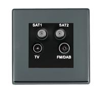 Hamilton 7G28DENTB Hartland G2 Screwless Non-Isolated 1x Coaxial TV, 1x DAB & 2x SAT 2in/4out Quadplexer Socket Outlet - Black Nickel, Black Insert