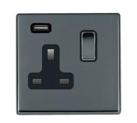 Hamilton 7G28SS1USBBK-B Hartland G2 Screwless 1G 13A SP Switched Socket with 1x USB Type-A (2.1A) - Black Nickel, Black Insert