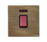 Hamilton 7G2945NB Hartland G2 Screwless 1G 45A Double Pole Switch with Neon (Red Rocker) - Antique Brass, Black Insert