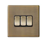 Hamilton 7G29R23AB-B Hartland G2 Screwless 3G 10AX 2 Way Plate Switch - Antique Brass, Black Insert