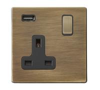 Hamilton 7G29SS1USBAB-B Hartland G2 Screwless 1G 13A SP Switched Socket with 1x USB Type-A (2.1A) - Antique Brass, Black Insert