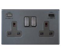 Hamilton 7G2ASS2USBCGA-QG Hartland G2 Screwless 2G 13A DP Switched Socket with 1x USB Type-A & 1x USB Type-C (2.4A) - Anthra Gray, Quartz Grey Insert