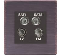 Hamilton 7G2EBDENTB Hartland G2 Screwless Non-Isolated 1x Coaxial TV, 1x DAB & 2x SAT 2in/4out Quadplexer Socket Outlet - Etrium Bronze, Black Insert