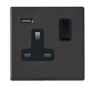 Hamilton 7G2MBSS1USBBL-B Hartland G2 Screwless 1G 13A SP Switched Socket with 1x USB Type-A (2.1A) - Matt Black, Black Insert