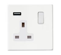 Hamilton 7G2MWSS1USBWH-W Hartland G2 Screwless 1G 13A SP Switched Socket with 1x USB Type-A (2.1A) - Matt White, White Insert