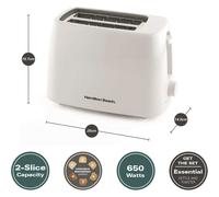 Hamilton Beach Toaster 2 Slice, Essentials, Plastic, 6 Browning Levels, Removable Crumb Tray, Wide Slots, Compact, Integrated Cord Storage, 650W - HB1116W, White