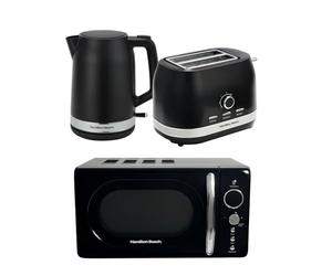 Hamilton Beach Kettle, Toaster & Microwave Set, Ella, 1.7L Electric Kettle, Wide Slot Toaster 2 Slice, Microwave, 20L Retro, Kettle & Toaster Set, Black - ELLABB