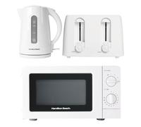 Hamilton Beach Kettle Toaster Microwave Set, Essentials, Electric Kettle, 1.7L,Toaster 4 Slice, Kettle & Toaster Set, Microwave Oven, 20L, Stainless Steel Cavity, 700W, Kitchen Set, White - HBESSW4SSC