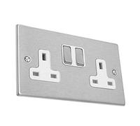 Hamilton Hartland Slimline 13A Twin Switch Socket - Satin Stainless with White Insert