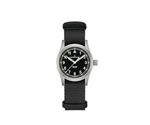 Hamilton Khaki Field Khaki Quartz Men's Watch, 33mm Stainless Steel Case, Swiss Made, Black Dial Analog Wrist Watch for Men, 50m Waterproof, Sapphire Crystal, Textile Strap