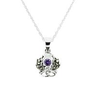 Hamilton & Young Sterling Silver Scottish Thistle Flower Necklace with Marcasite & Amethyst Colour Stone - Celtic Flower of Scotland Pendant