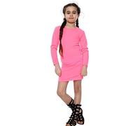 Hamishkane® Girls Bodycon Mini Dress, Plain Stylish Long Sleeve Round Neck Knee Length Dresses UK, Kids Party Dress, Casual Soft Stretchy Tunic Mini Top Neon Pink