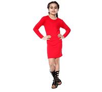 Hamishkane® Girls Bodycon Mini Dress, Plain Stylish Long Sleeve Round Neck Knee Length Dresses UK, Kids Party Dress, Casual Soft Stretchy Tunic Mini Top Red