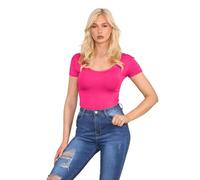 Hamishkane New Ladies Plain Round Neck Cap Short Sleeve Basic Slim Fit Leotard Bodysuit Top Cerise