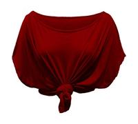 Hamishkane New Ladies Tie Knot Front Short Batwing Sleeve Plain Oversized T-Shirt Crop Top Wine