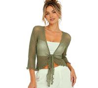 Hamishkane® Women’s Shrugs, Double Fine Knit Bolero Cardigans for Women, 3/4 Sleeve Tie Front Top, Stretchy Cropped Cardigan, Ladies Evening Tops, Lightweight Summer Shrug Khaki