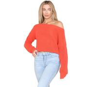 Hamishkane® Womens Cable Knitted Off Shoulder Jumper, Long Sleeve Slash Neck Pullover Sweater, Winter Cropped Oversized Ladies Jumpers Neon Orange