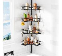 HAMITOR Shower Caddy Corner: 4-Tier No-Drill Rustproof Bathroom Accessories Storage Shelf with Soap Holder & Hooks, Adjustable Tension Pole Shower Organiser for Rental Apartment, 119-307 cm Black