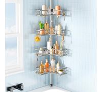 HAMITOR Telescopic Shower Caddy Corner: 4-Tier No-Drill Rustproof Bathroom Accessories Storage Shelf with Soap Holder & Hooks,Adjustable Tension Pole Shower Organiser for Renters,119-307cm Silver Gray