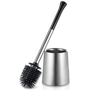 HAMITOR Toilet Bowl Brush Holder Set: Silicone Stainless Steel Deep Cleaning Toilet Cleaner Brush for Bathroom Restroom - Compact Modern Rv Toilet Scrubber Accessories with Caddy