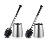HAMITOR Toilet Bowl Brush Holder Set: Silicone Stainless Steel Deep Cleaning Toilet Cleaner Brush for Bathroom Restroom - Compact Modern Rv Toilet Scrubber Accessories with Caddy