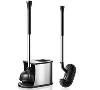 HAMITOR Toilet Plunger and Brush Set: 2 in 1 Stainless Steel Rustproof Combo with Deep Cleaning Curved Bristles - Heavy Duty Toilet Unclogging for Family Bathroom - Compact Apartment Accessories