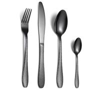 Hammer Strike Snakeskin Pattern Handle Kitchen Stainless Steel Silverware Tableware Flatware Cutlery Set Steak Knife Fork Spoon Teaspoon (Black,4 Pieces)