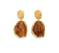 Hammered Gold Dangle Earrings with Irregular Amber Resin Drop | Vintage hammered gold studs Irregular drop stones in wavy frames Comfortable statement wear.