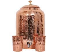 Hammered Pure Copper Water Dispenser Set - 5L Tank with 2 Glasses & 1 Copper Bottle | Handmade Ayurvedic Drinkware for Health, Detox & Wellness | Leak-Proof Tap & Lid | Elegant Kitchen Décor