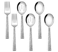 Hammered Serving Utensils Set of 6, E-far Stainless Steel 8.7 Inch Square Hostess Set, Metal Spoon Slotted Spoons Forks for Party Buffet Catering, Mirror Finished & Dishwasher Safe, Silver