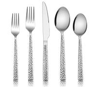 Hammered Silverware Set, E-far 40-Piece Stainless Steel Square Flatware Set for 8, Metal Tableware Cutlery Set Includes Di.