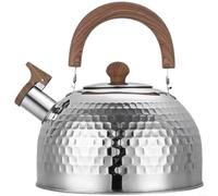 Hammered Stainless Steel Whistling Kettle with Wood Handle, Flat Bottom for Induction and Gas Stoves, Large Capacity Tea Pot for Home Kitchen, Silver(Silver)