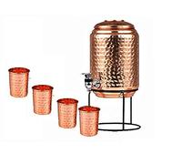 Hammered Water Dispenser Storage Tank with Tap and Set of 4 Copper Glass | Water Pot | Copper Water Storage Tank | 5 LTR Capacity
