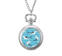 Hammerhead Shark Pattern Vintage Pocket Watch Alloy Pendant Watches Necklace Gift for Men Women Silver-Style