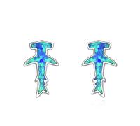 Hammerhead Shark Stud Earrings for Women S925 Sterling Silver Blue Opal Sea Animal Jewelry Summer Gift