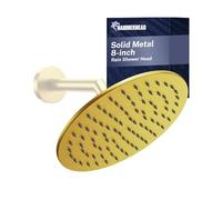 HammerHead Showers ALL METAL 8 Inch Rainfall Head - BRUSHED GOLD - Head Rainfall - 2.5 GPM High Flow Head Optimized for Pressure - Large Round Rain Heads - Wall, Overhead, or Ceiling Mount