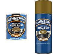 Hammerite 5092830 Direct to Rust Metal Paint - Smooth Gold Finish 750ML & Direct to Rust Metal Paint Aerosol Smooth Gold Finish 400ML